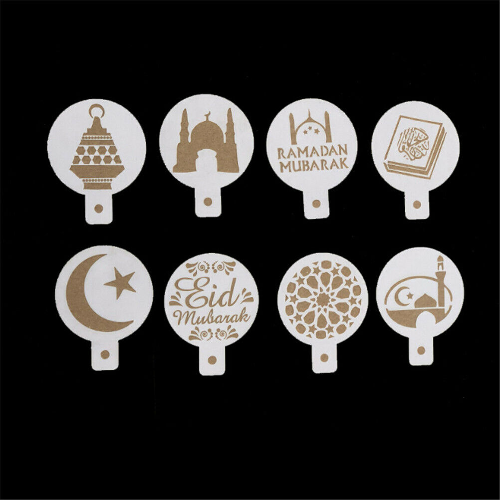8pcs/set Mosque Eid Mubarak Ramadan Design Coffee Stencils Cake Templates Yryu
